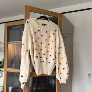 DAVI & DANI Cream Sweater with Colorful Pom Poms
